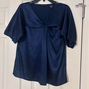 New York & Company Navy Satin Tie-Front Blouse